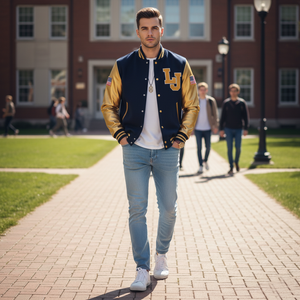 Man wearing a letterman jacket on a college campus