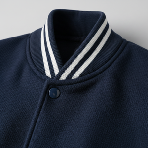 Navy blue varsity jacket with white striped collar on a light gray background