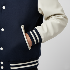 Navy varsity jacket with white accents on a plain background