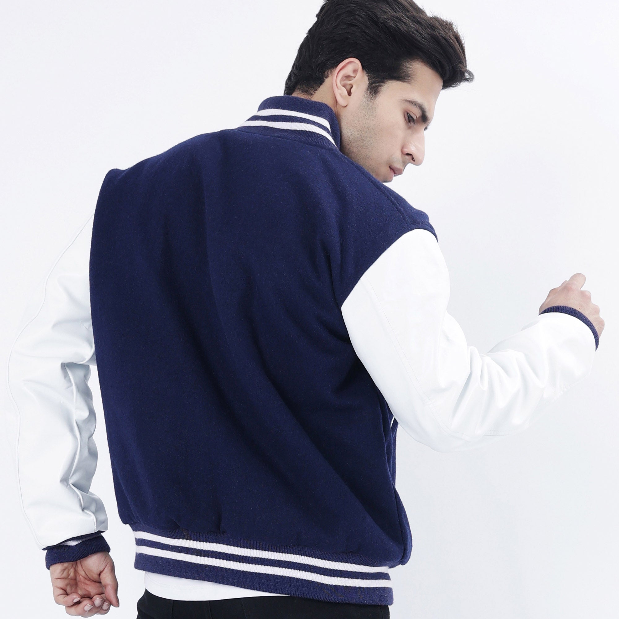 Men's Navy Blue Letterman Jacket Leather Arms And Wool Body Varsity Jacket