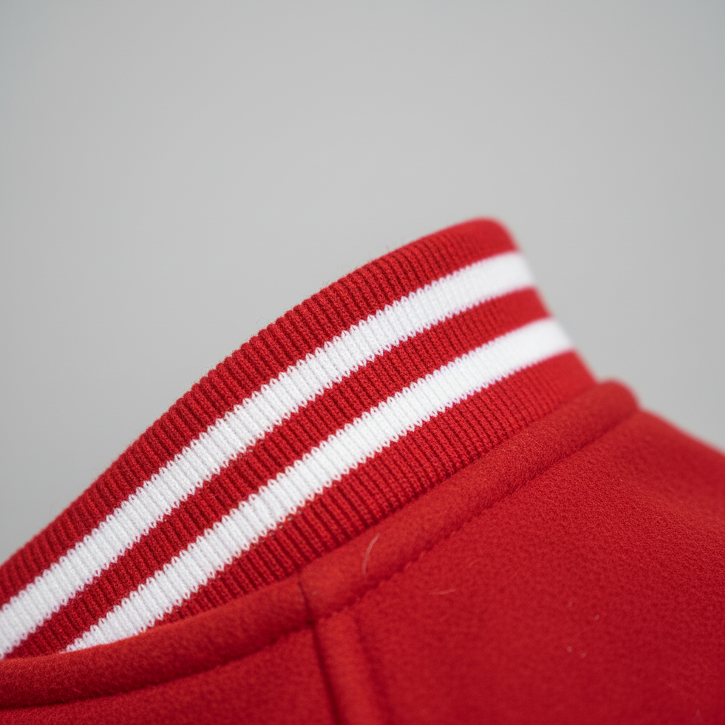Close-up of a red fabric with white stripes on a gray background
