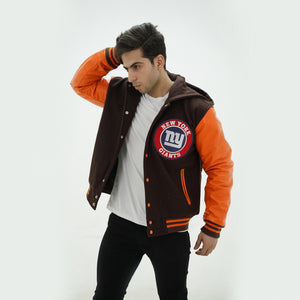 Close up of NY Giants varsity hoodie ribbed trim and cuffs details with brown gold team color construction for authentic styling