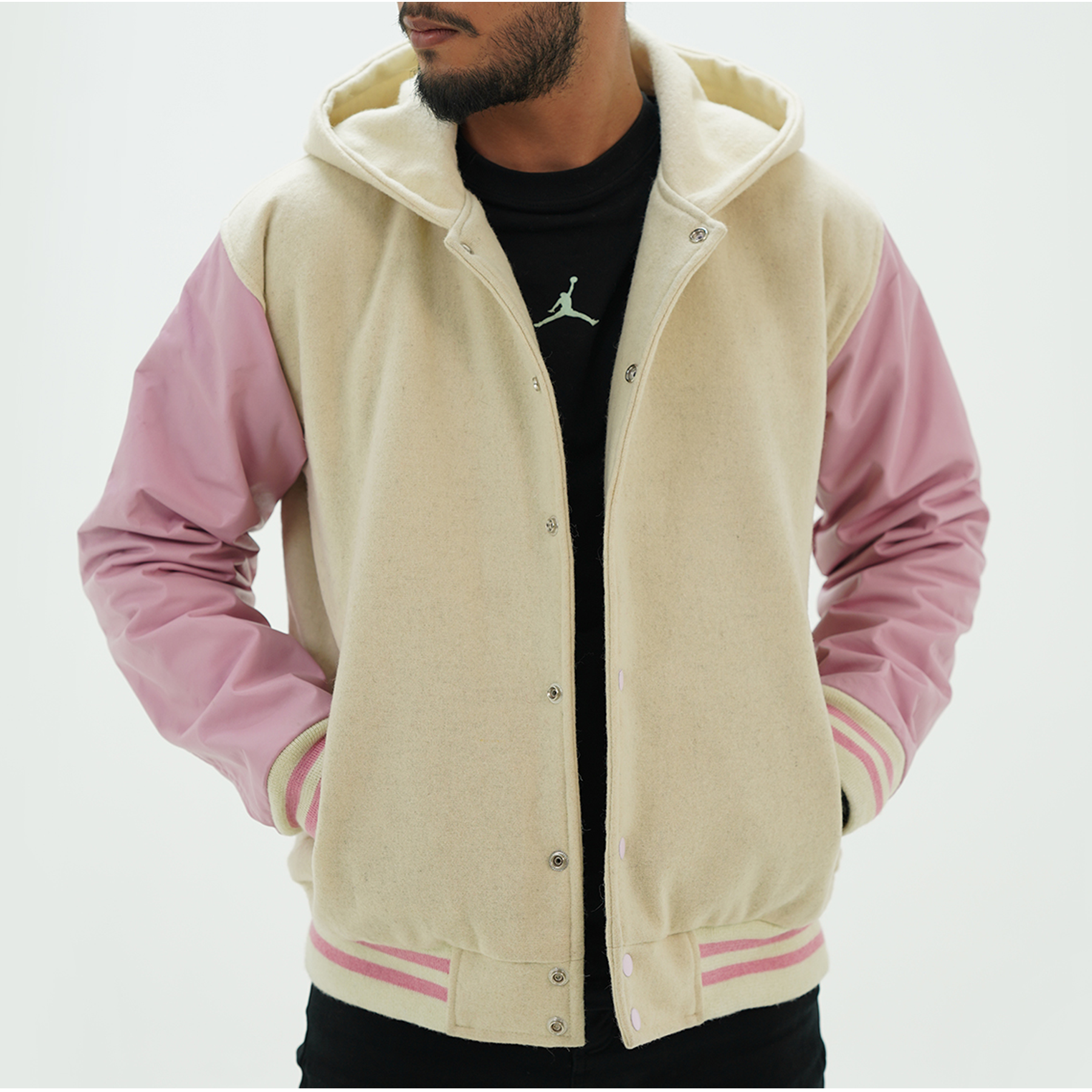 Off white and pink varsity jacket hoodie with premium Melton wool body and genuine cowhide leather arms - bold fashion statement