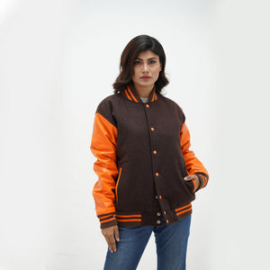 Old gold leather arms varsity jacket side angle - showcasing brown wool body construction with ribbed cuffs and waistband detail