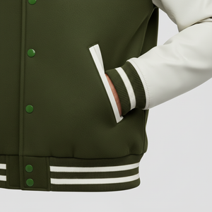 Green varsity jacket with white stripes and buttons on a light gray background