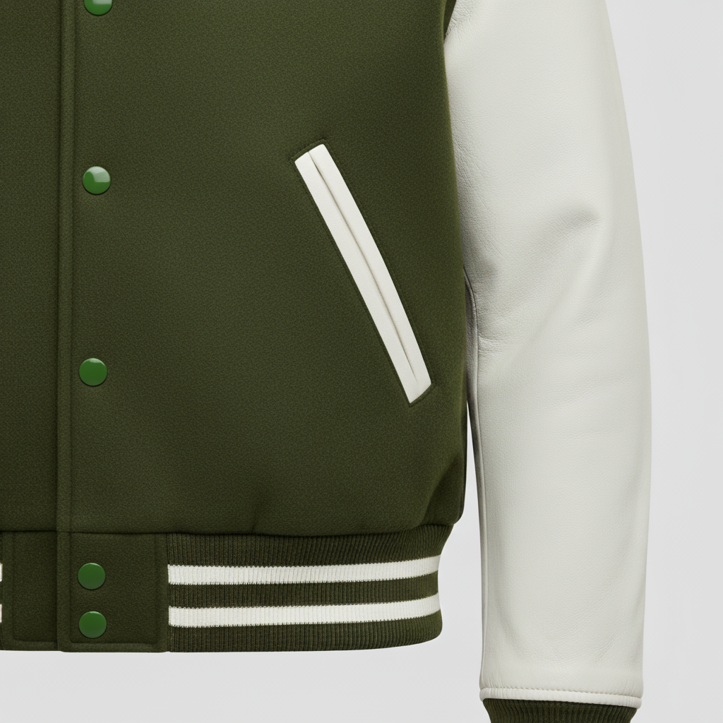 Green and white varsity jacket with a close-up of the sleeve and back.