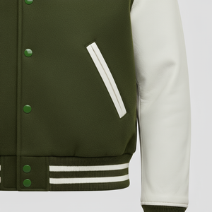 Green and white varsity jacket with a close-up of the sleeve and back.