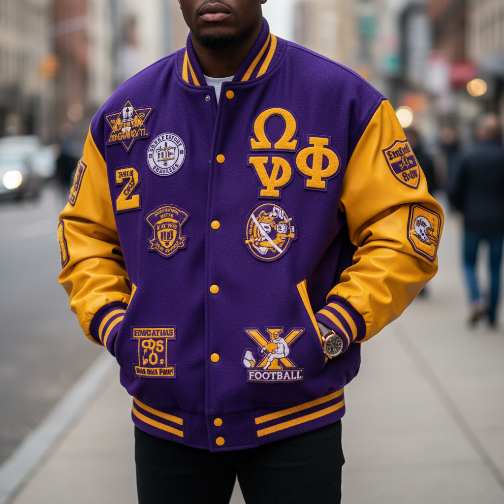 Omega Psi Phi letterman jacket purple gold wool Greek crest patches fraternity varsity