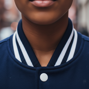 Close-up of a person wearing a navy blue sweater with white trim