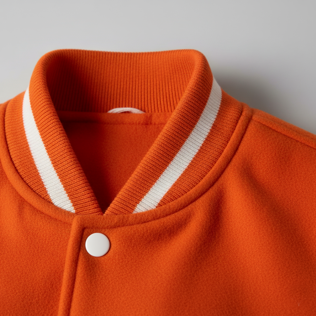 Close-up of an orange sweater with a white collar and button on a light gray background