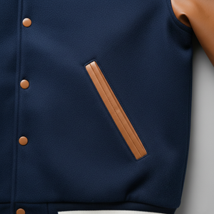 Navy blue varsity jacket with brown leather accents on a neutral background