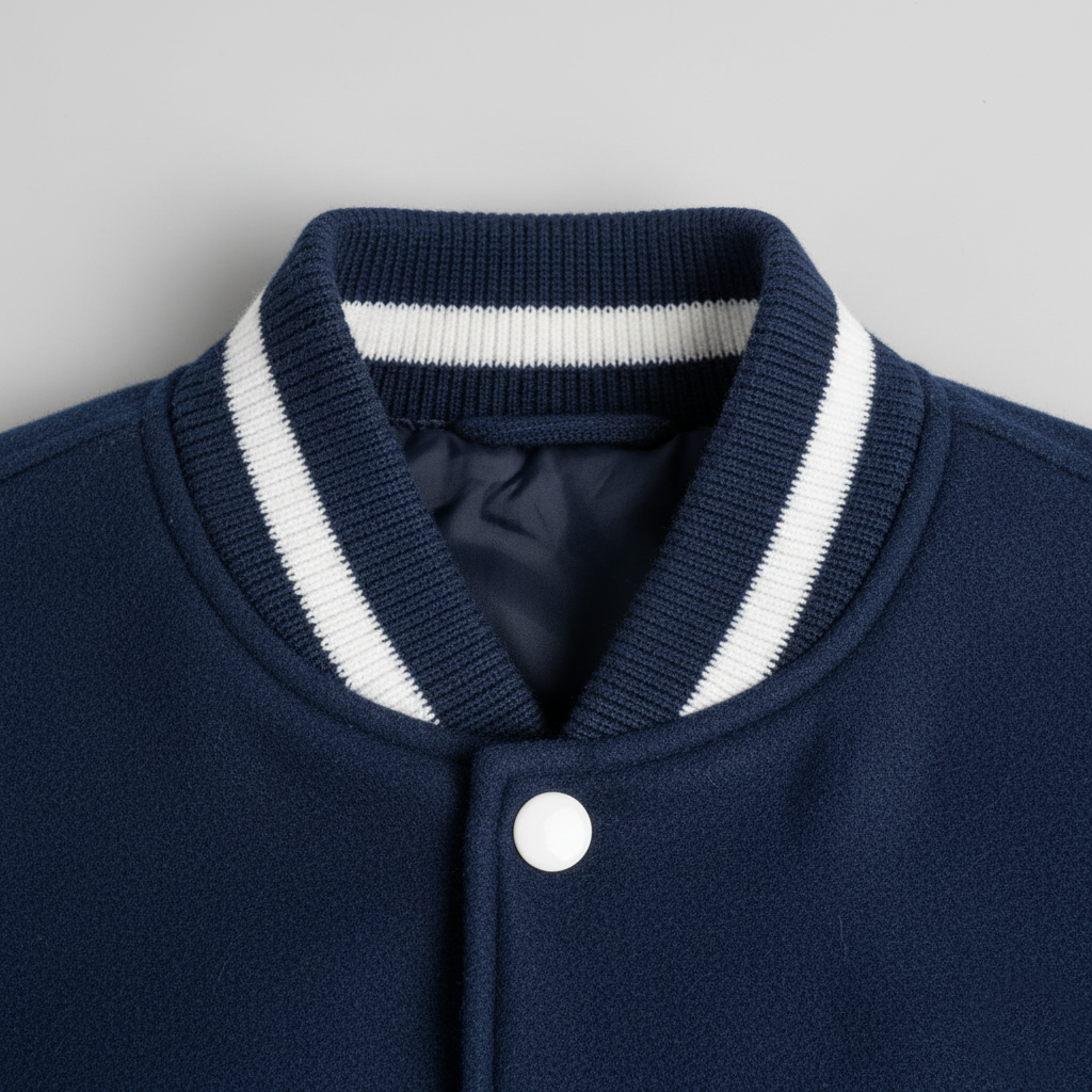 Navy blue jacket with white trim on a gray background