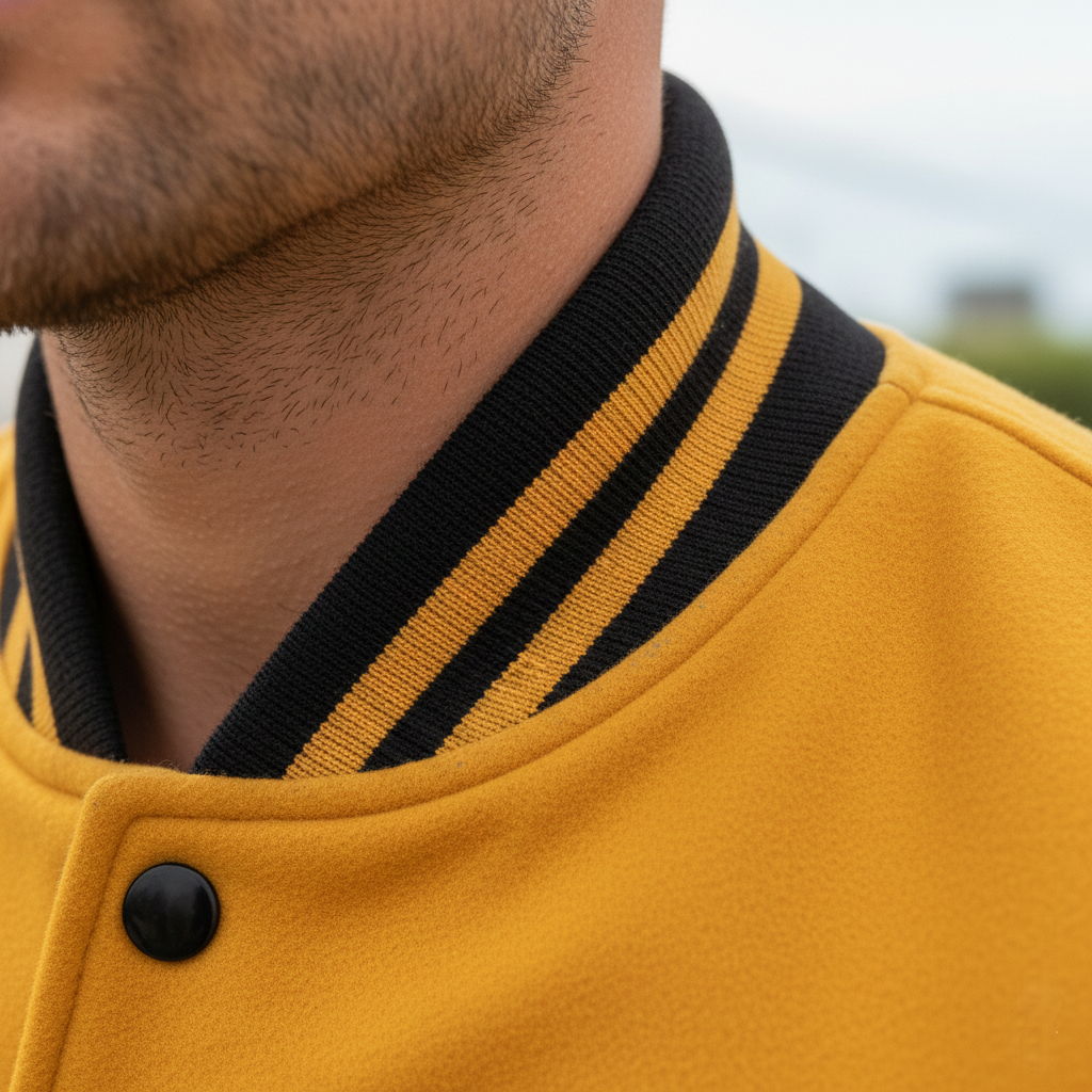 Close-up of a mustard yellow jacket with black striped collar and button.