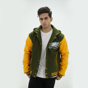 Three quarter angle of Philadelphia Eagles varsity hoodie with customizable player numbers and team motto options for fans