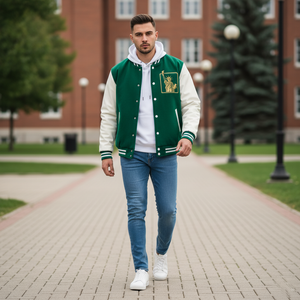 Man wearing a green and white varsity jacket on a brick path with trees and buildings in the background