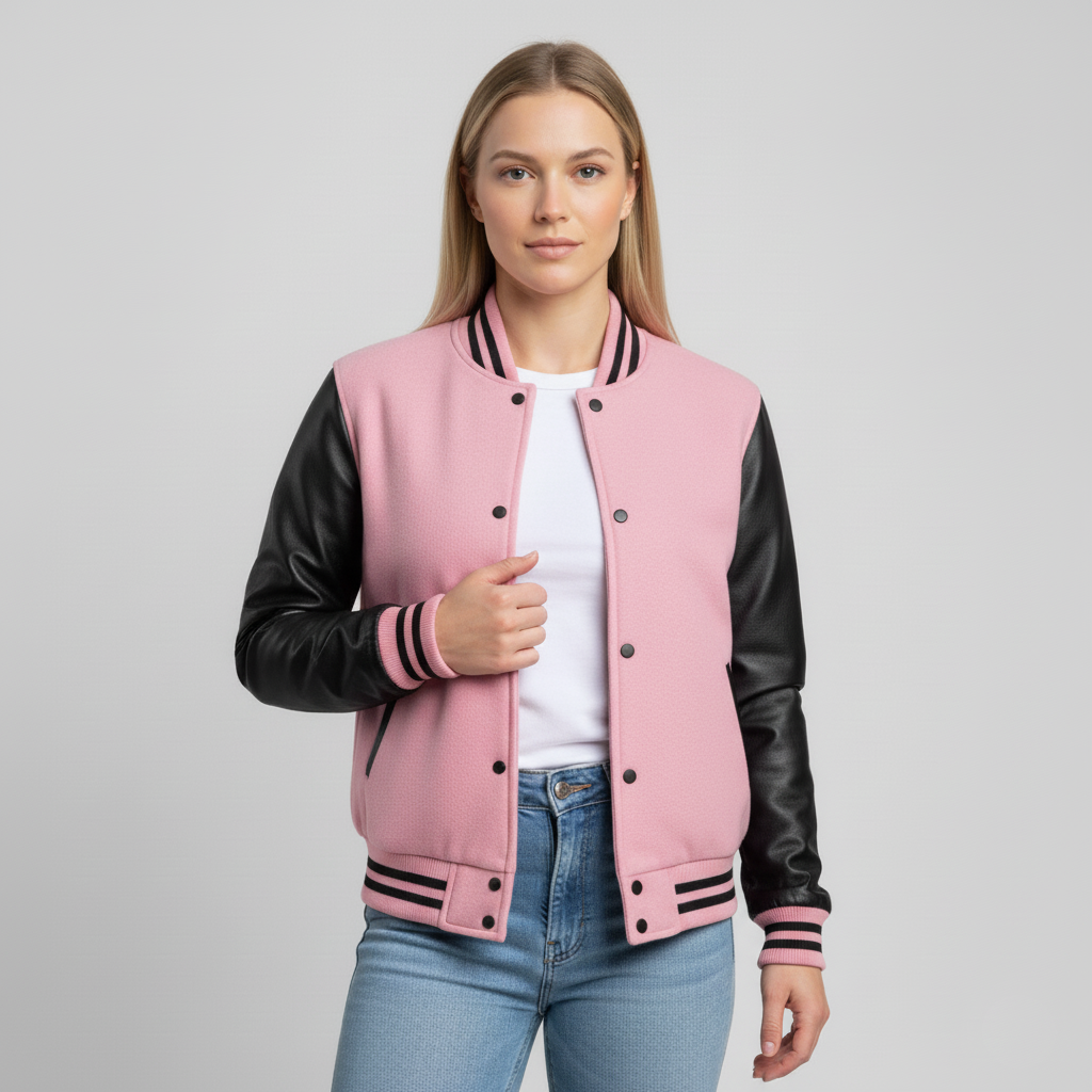 Woman wearing a pink varsity jacket with black sleeves on a gray background