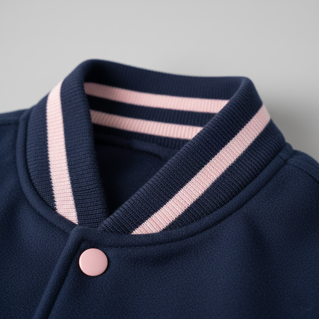 Navy blue collar with pink trim on a gray background