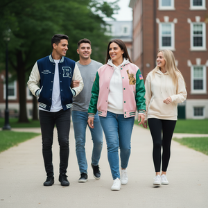 Four friends walking together on a college campus