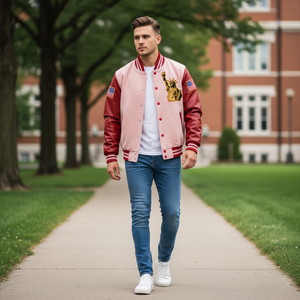 Man wearing a red and pink varsity jacket on a college campus