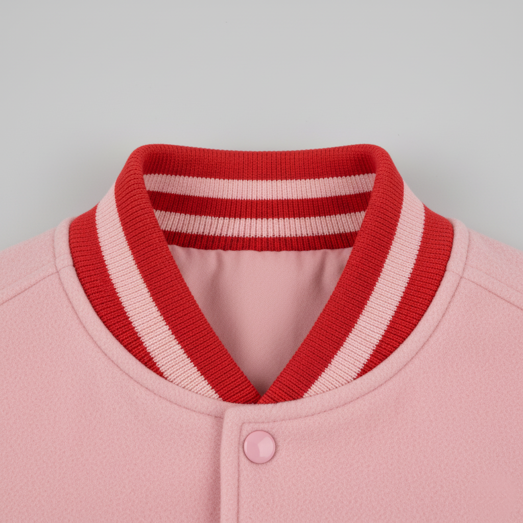 Close-up of a pink jacket with a red and white striped collar on a gray background