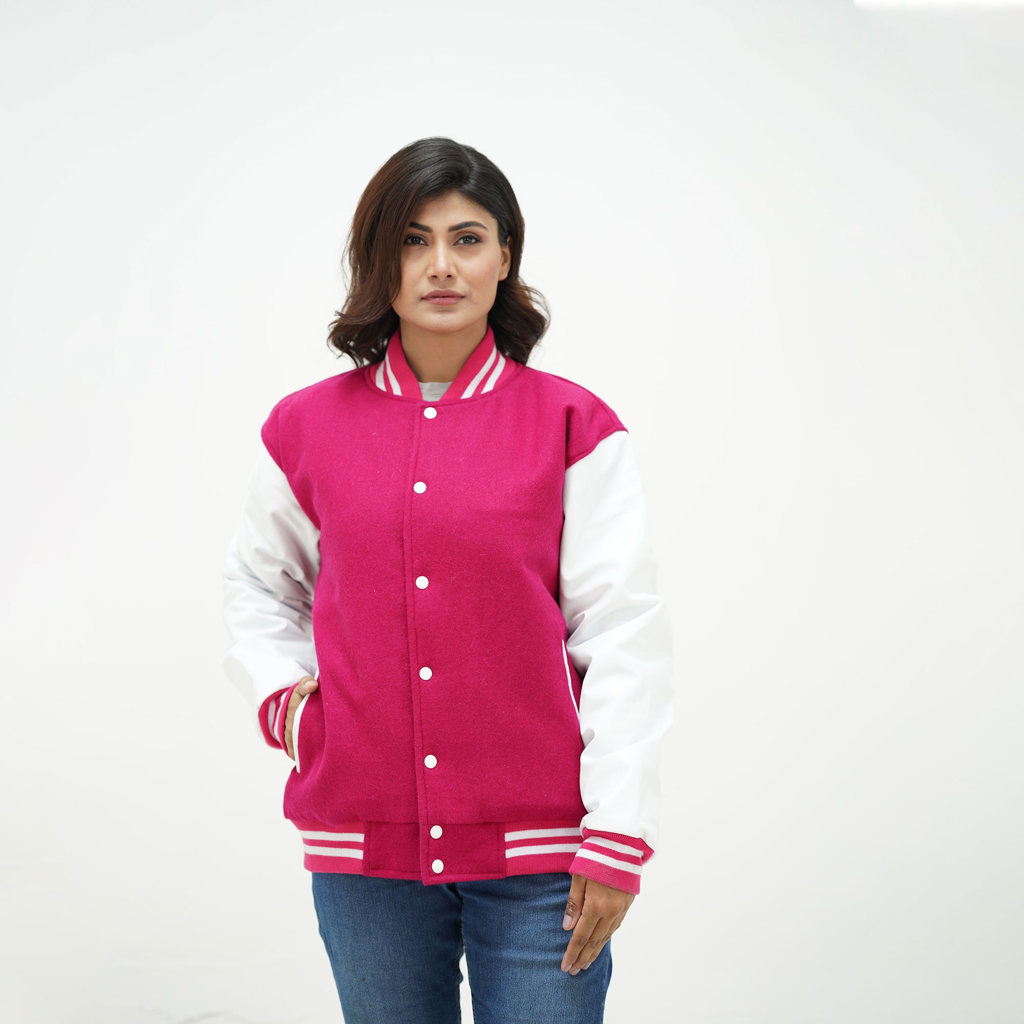 Pink varsity jacket girls featuring authentic Melton wool construction - perfect for school spirit and team wear