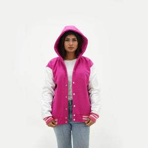 Alternate view of pink and white hooded varsity jacket showcasing premium wool-leather construction, hood detail, and girls XS-6XL sizing