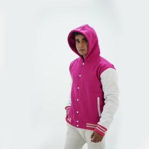 Side angle of men's pink and white varsity jacket with hood highlighting leather sleeves and wool body