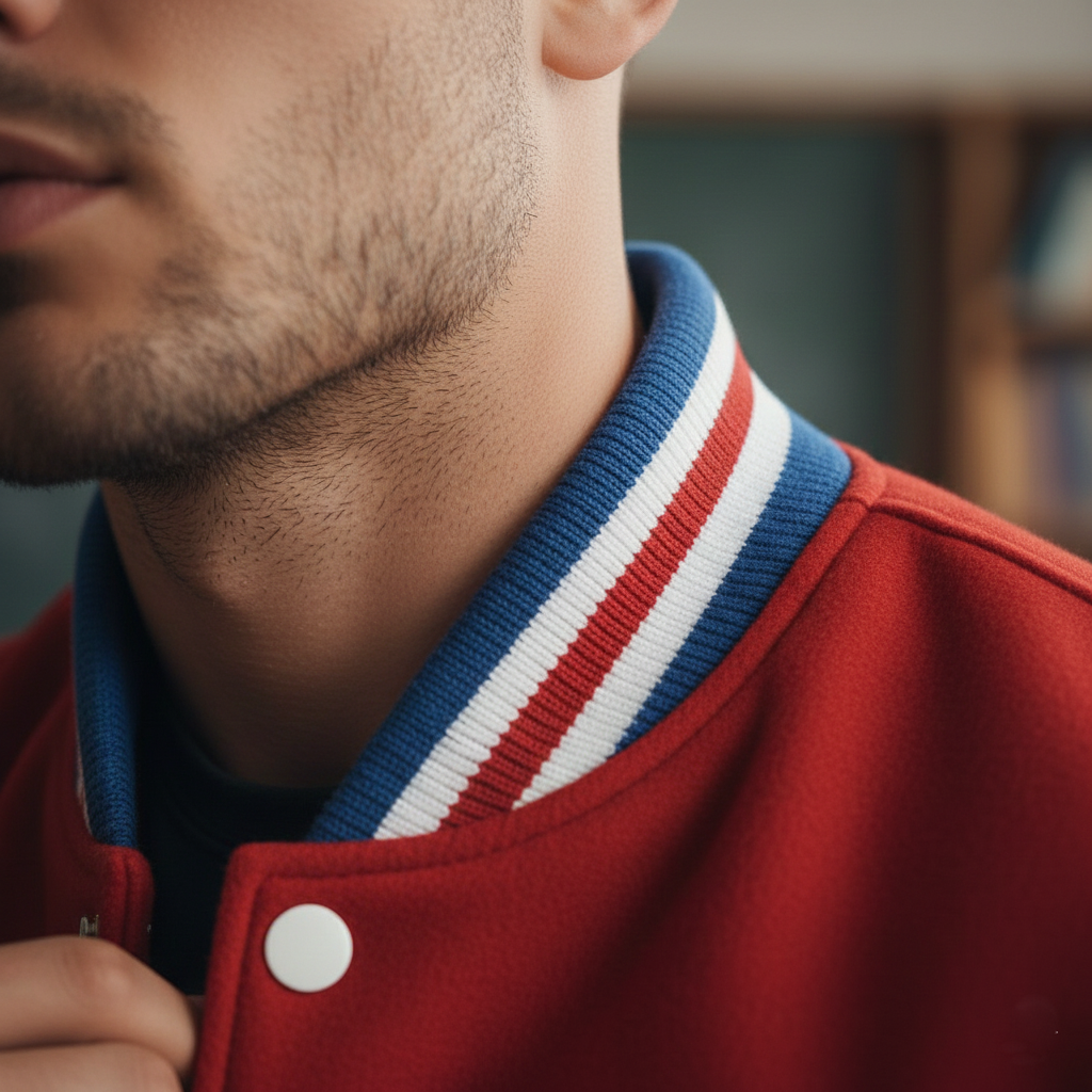 Close-up of a person wearing a red jacket with a blue and white striped collar.