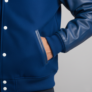 Close-up of a blue varsity jacket with leather sleeves on a gray background