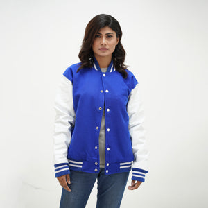 Premium women's blue varsity jacket ideal for athletic teams and college students