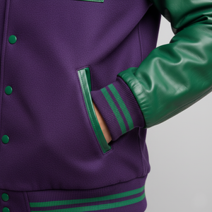 Purple jacket with green accents on a gray background