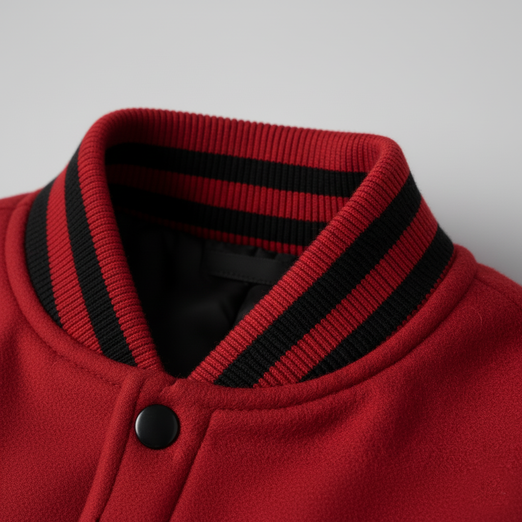 Close-up of a red jacket with black striped collar on a light gray background