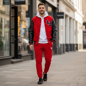 Man wearing a red varsity jacket with black sleeves and 'LJ' logo, standing on a city street.