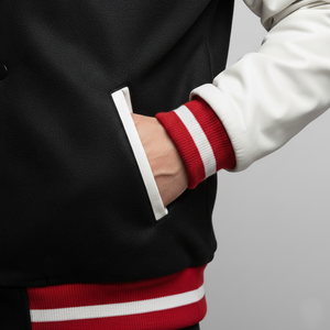 Close-up of a person wearing a black, red, and white jacket with a plain background