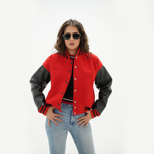 Alternate angle of red and black letterman jacket for women showcasing premium wool-leather construction and ribbed trim details