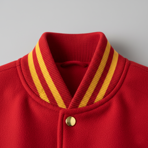 Red jacket with yellow striped collar on a gray background