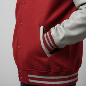 Red varsity jacket with white accents on a gray background