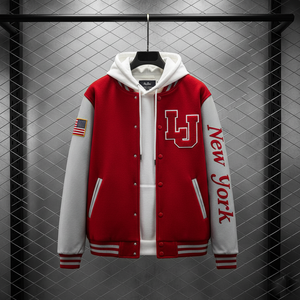 Red and white varsity jacket with 'LJ New York' text on a hanger against a gray background