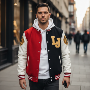 Man wearing a red, black, and white varsity jacket with 'LJ' logo on a city street.