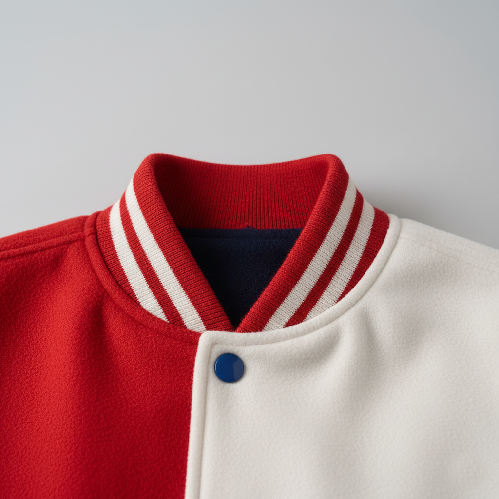 Close-up of a red and white varsity jacket with a blue button on a gray background