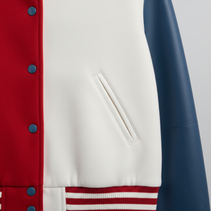 Close-up of a varsity jacket with red, white, and blue sections on a gray background