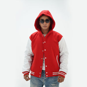 Front view of men's red and white hooded varsity jacket with premium wool and leather construction XS-6XL
