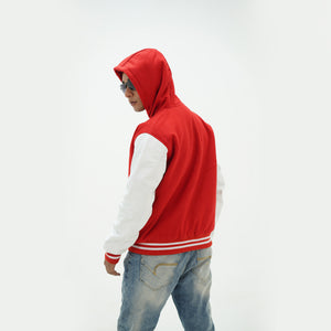 Side angle of men's red and white hooded varsity jacket highlighting genuine cowhide leather arms and wool body
