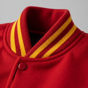 Close-up of a red jacket with yellow stripes on the collar against a gray background