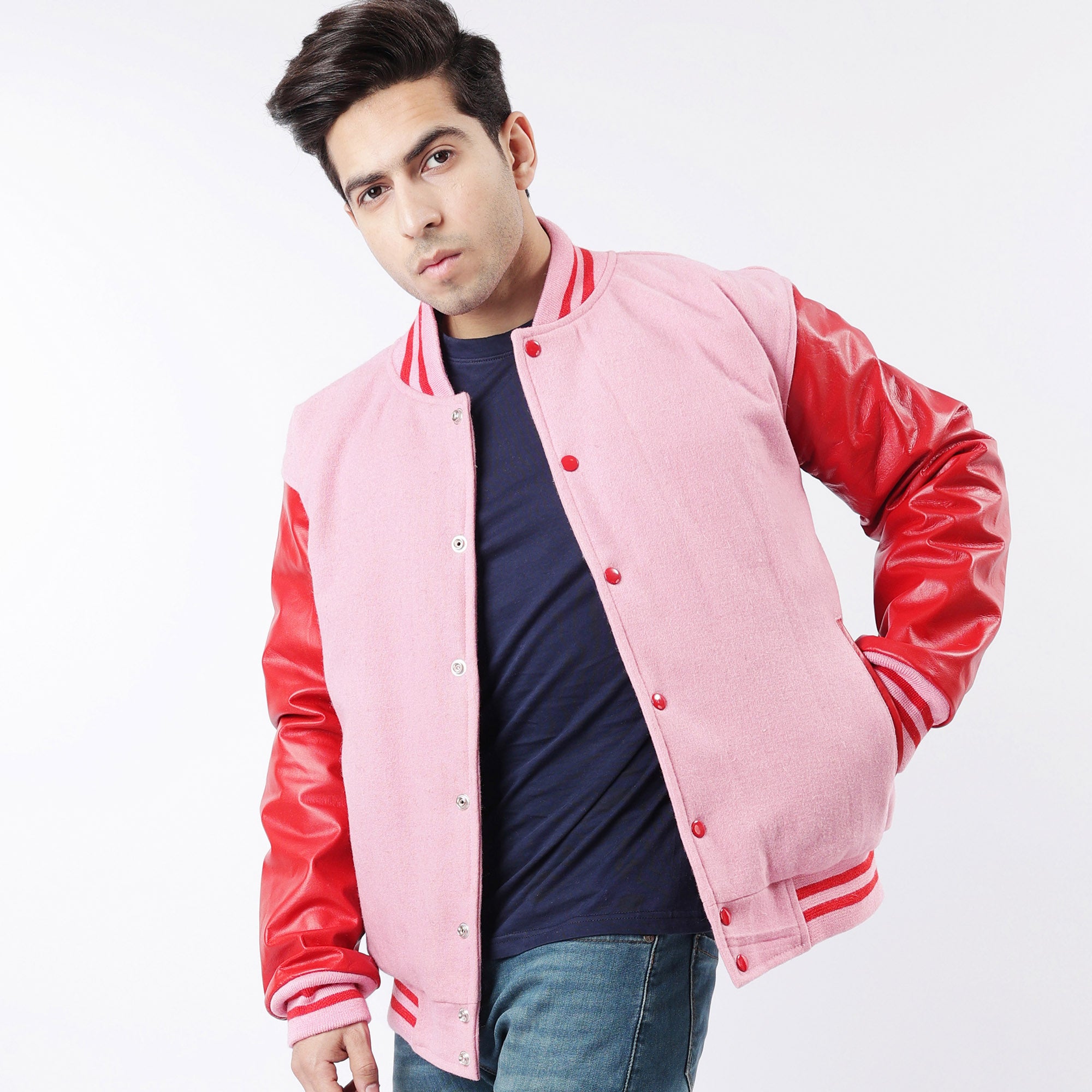 Men's Red And Pink Letterman Jacket Leather Sleeves Wool Body Varsity Jacket
