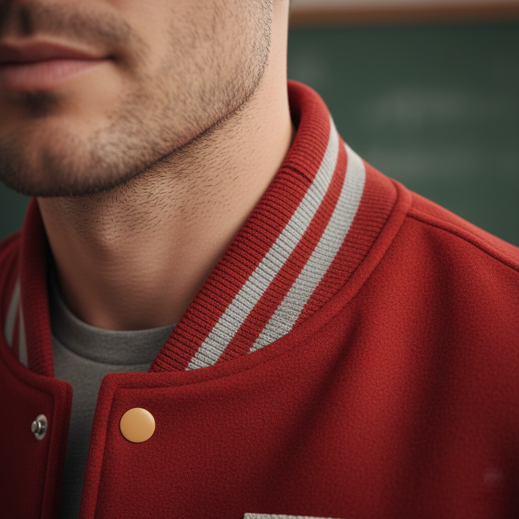 Close-up of a person wearing a red varsity jacket with white stripes on the collar.