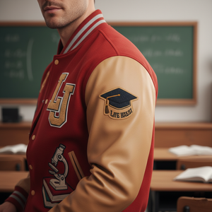 Person wearing a red and beige letterman jacket with patches in a classroom setting