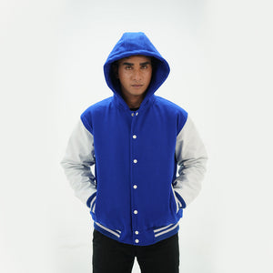 Side angle of men's royal blue hooded letterman jacket highlighting genuine cowhide white leather sleeves and cotton ribbing