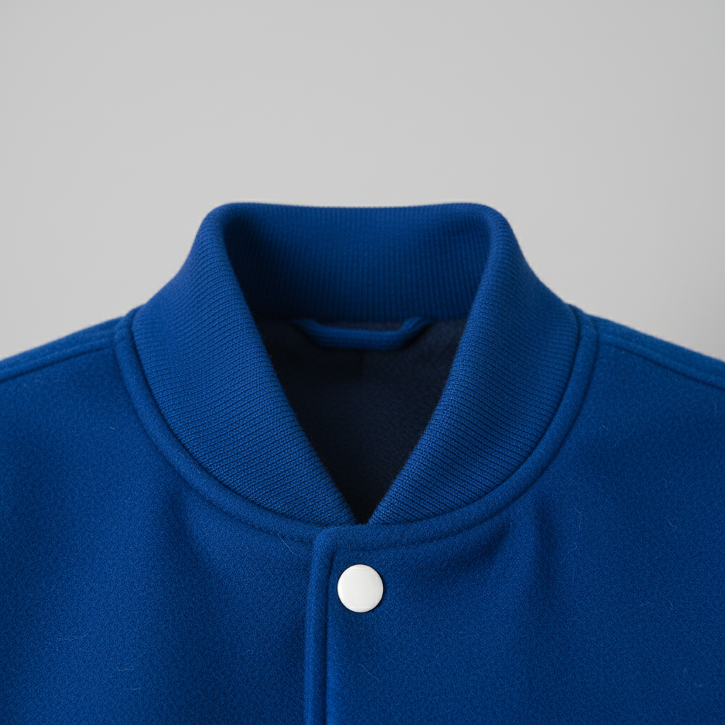Close-up of a blue jacket with a collar and button on a gray background
