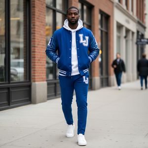 Man wearing a blue letterman jacket and pants on a city street.